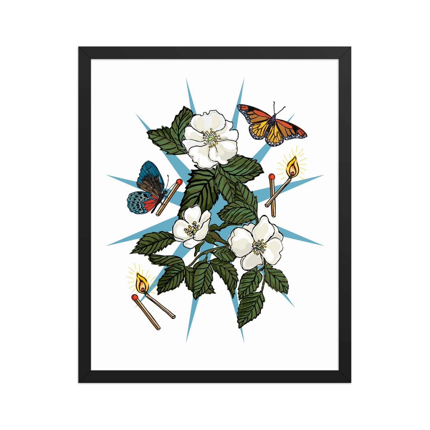 Floral Charm Framed Art Print | Appalachian Rococo Poster | White Roses | Butterflies | Matches | Apartment Wall Decor | Home Decor | Black Wood Frame | 11x14
