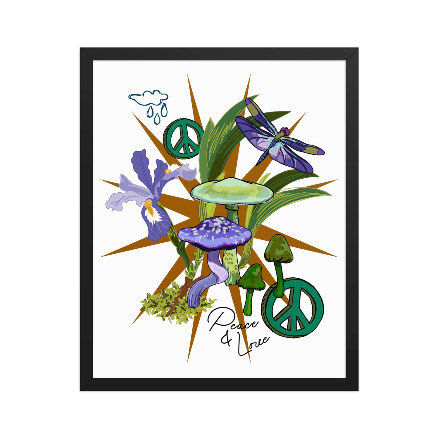 Mushroom Floral Peace Sign Framed Art Print | Appalachian Rococo Poster | Luck Charms | Peace & Love | Wild Iris | Apartment Wall Decor | Black Wood Frame | 16x20
