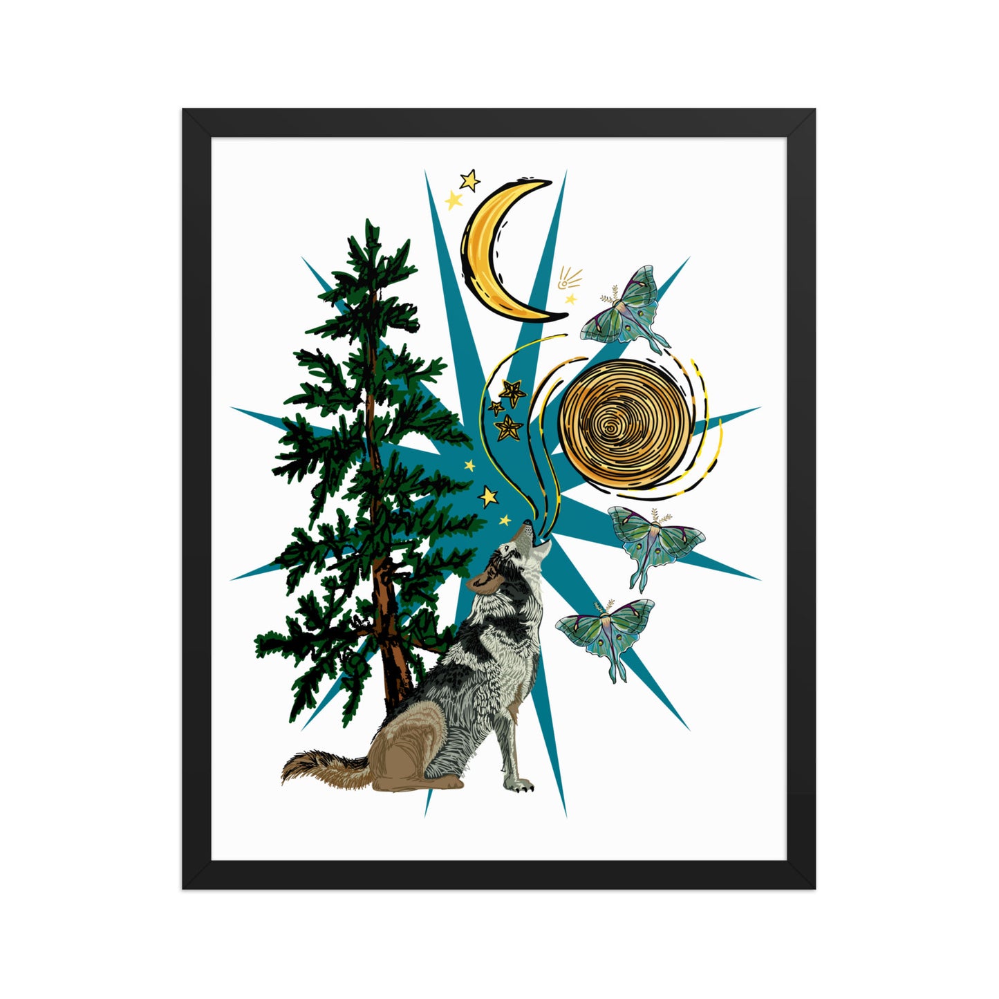 Wolf Moon Moth Framed Art Print | Appalachian Rococo Poster | Crescent Moon | Forest | Lucky Charms | Apartment Wall Decor Black Framed poster | 16x20