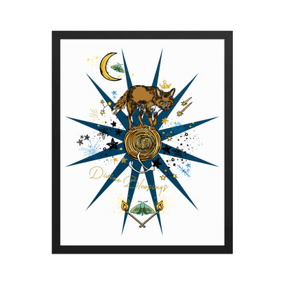 Celestial Fox Moon Framed Art Print | Appalachian Rococo Poster | Luck Charms | Divine Blessings | Stars | Moths | Apartment Wall Decor | Black Wood Frame | 16x20