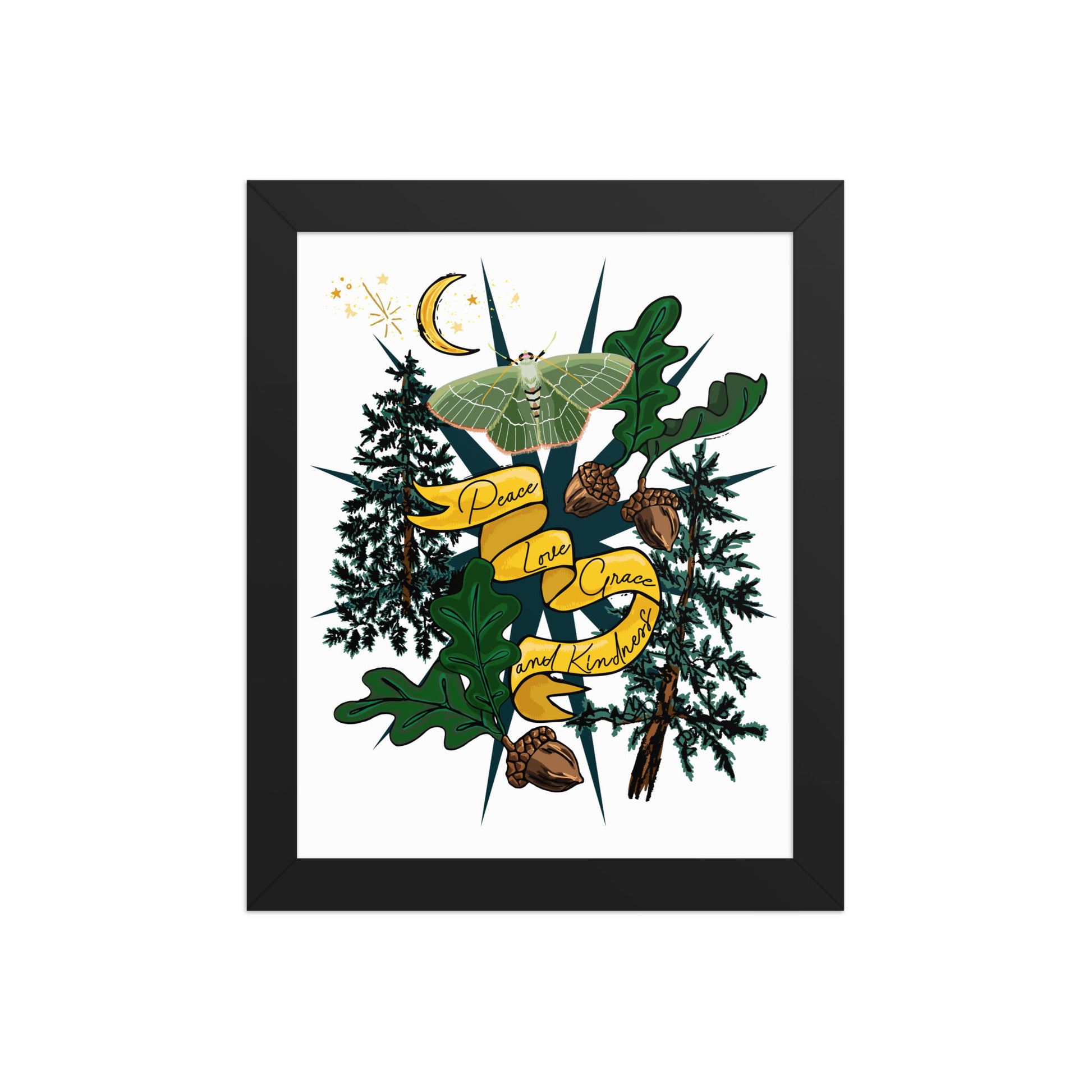 Forest Moth and Moon Framed Art Print | Appalachian Rococo Poster | Luck Charms | Peace & Love | Crescent Moon | Apartment Wall Decor | Black Wood Frame | 8x10