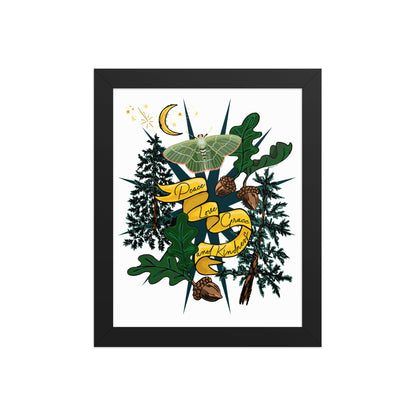 Forest Moth and Moon Framed Art Print | Appalachian Rococo Poster | Luck Charms | Peace & Love | Crescent Moon | Apartment Wall Decor | Black Wood Frame | 8x10