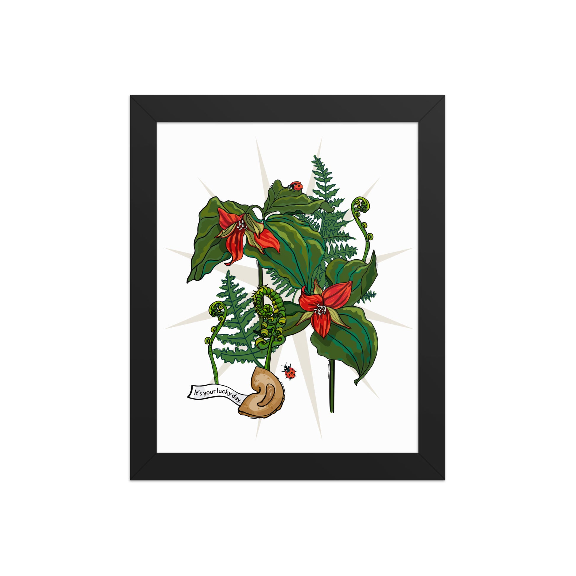 Flower Lucky Ladybug Framed Art Print | Appalachian Rococo Poster | Red Trillium | Fortune Cookie | Fern | Apartment Wall Decor | Black Wood Frame | 8x10