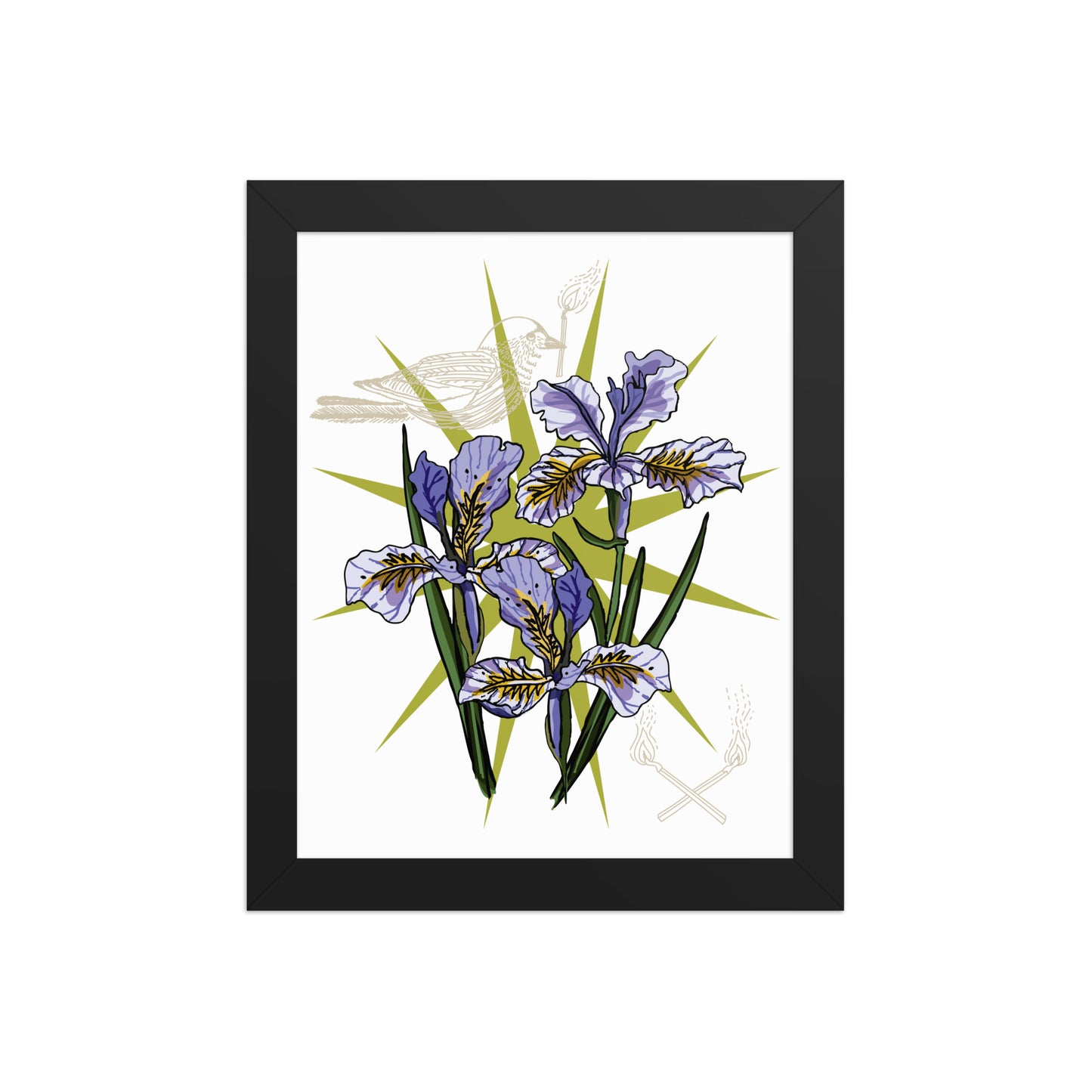 Iris Floral Bird Framed Art Print | Appalachian Rococo Poster | Flowers | Bird | Matches | Apartment Wall Decor | Black Wood Frame | 8x10