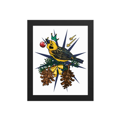 Gold Bird Framed Art Print | Appalachian Rococo Poster | Pine Tree | Golden Finch | Cherry | Apartment Wall Decor | Gallery Wall Home Decor | Black Wood Frame | 8x10
