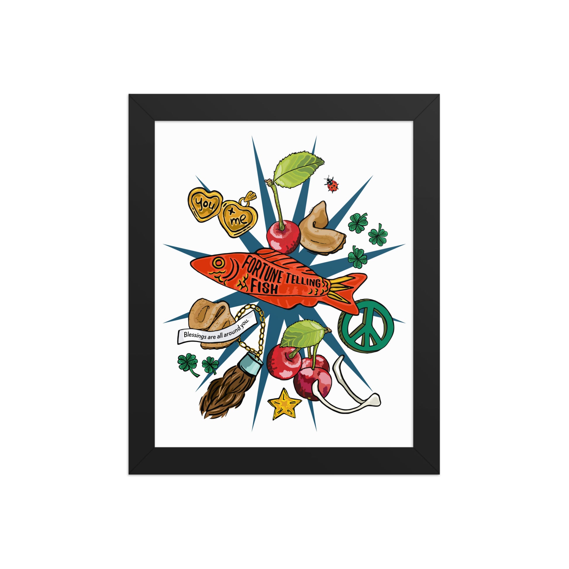 Lucky Charms Framed Art Print | Appalachian Rococo Poster | Cherries | Peace | Good Fortune | Apartment Wall Decor | Home Decor Gallery Wall | Black Wood Frame | 8x10