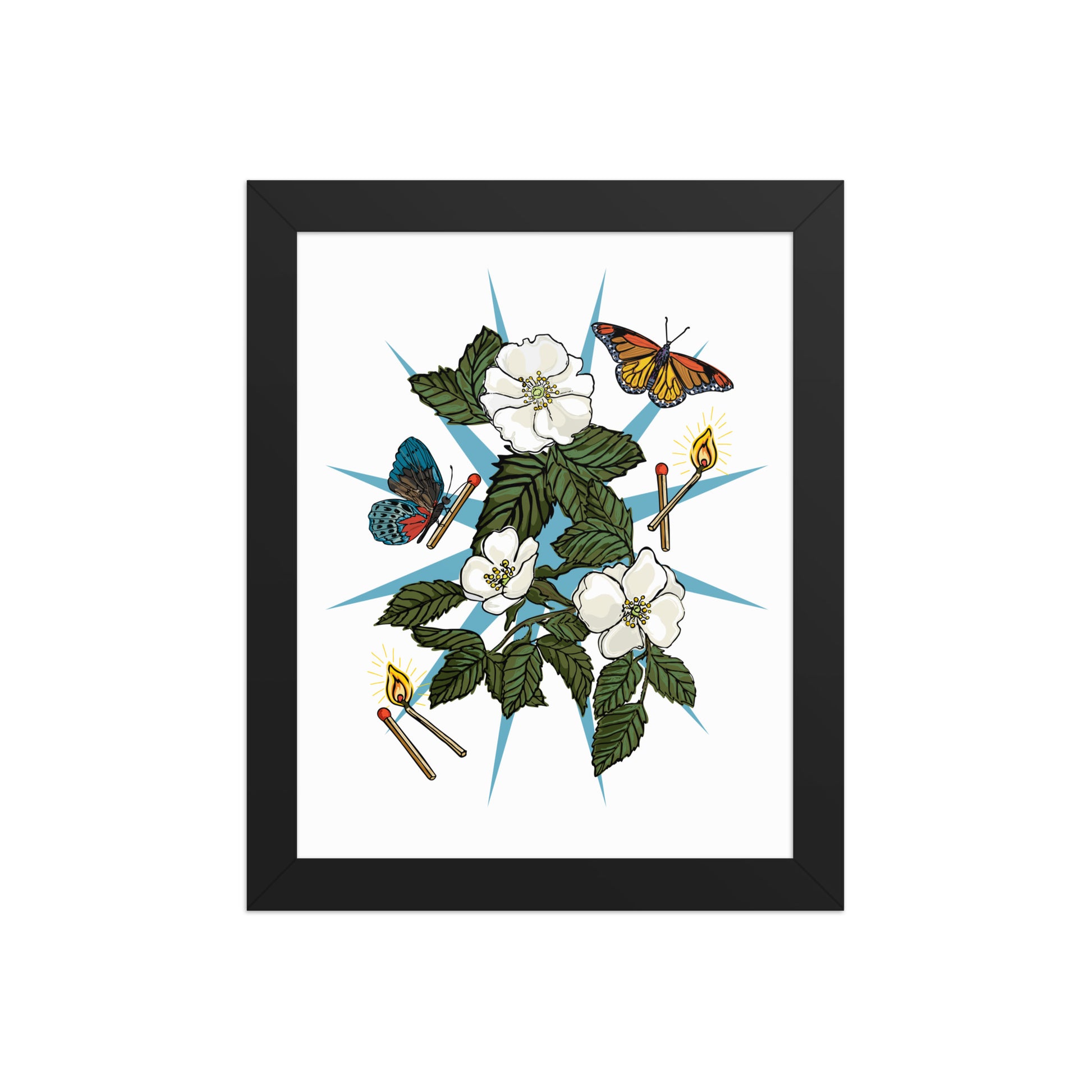 Floral Charm Framed Art Print | Appalachian Rococo Poster | White Roses | Butterflies | Matches | Apartment Wall Decor | Home Decor | Black Wood Frame | 16x20