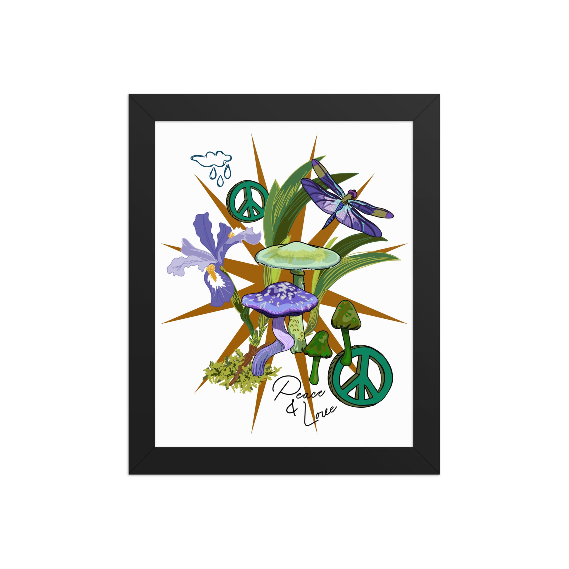 Mushroom Floral Peace Sign Framed Art Print | Appalachian Rococo Poster | Luck Charms | Peace & Love | Wild Iris | Apartment Wall Decor | Black Wood Frame | 8x10