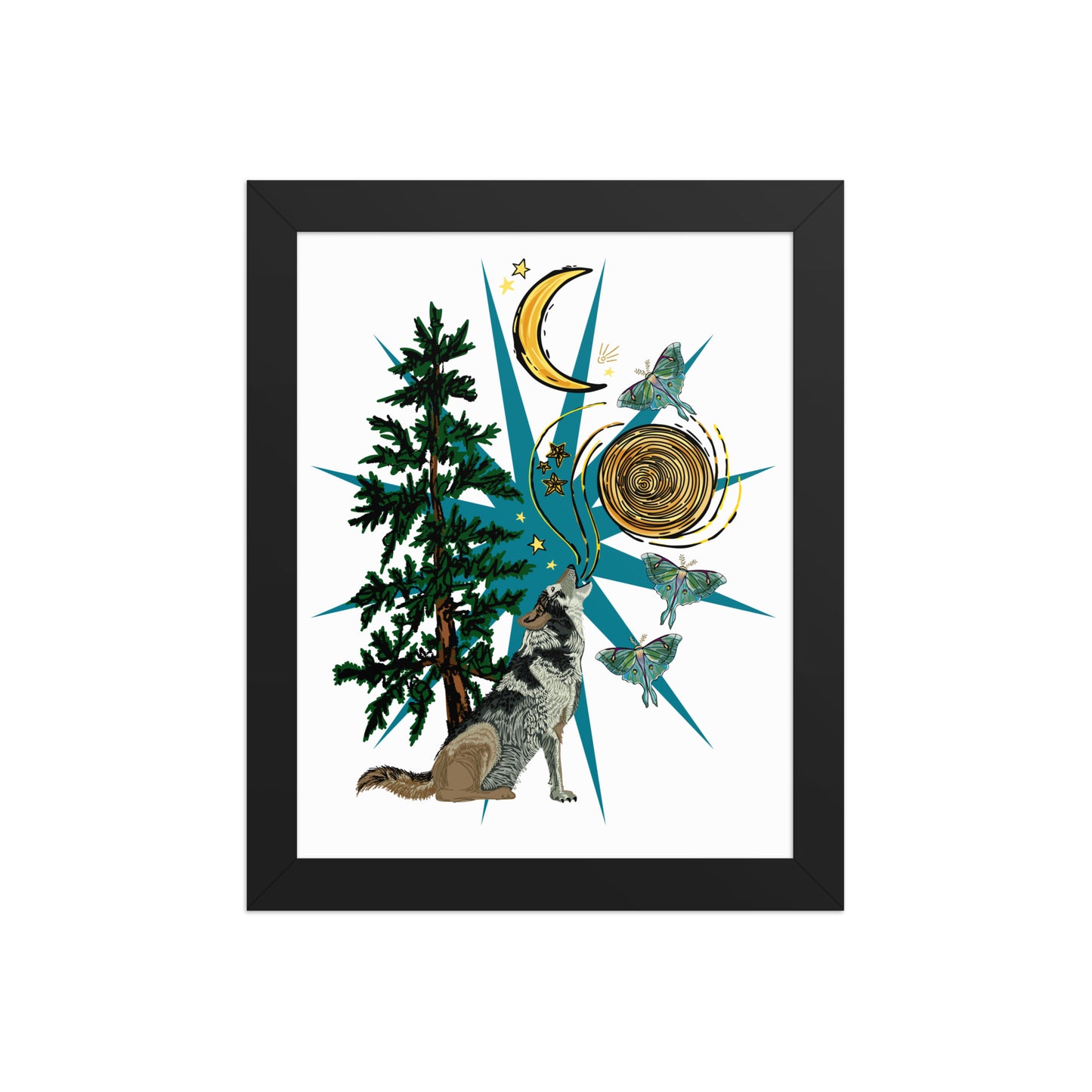Wolf Moon Moth Framed Art Print | Appalachian Rococo Poster | Crescent Moon | Forest | Lucky Charms | Apartment Wall Decor Black Framed poster | 8x10