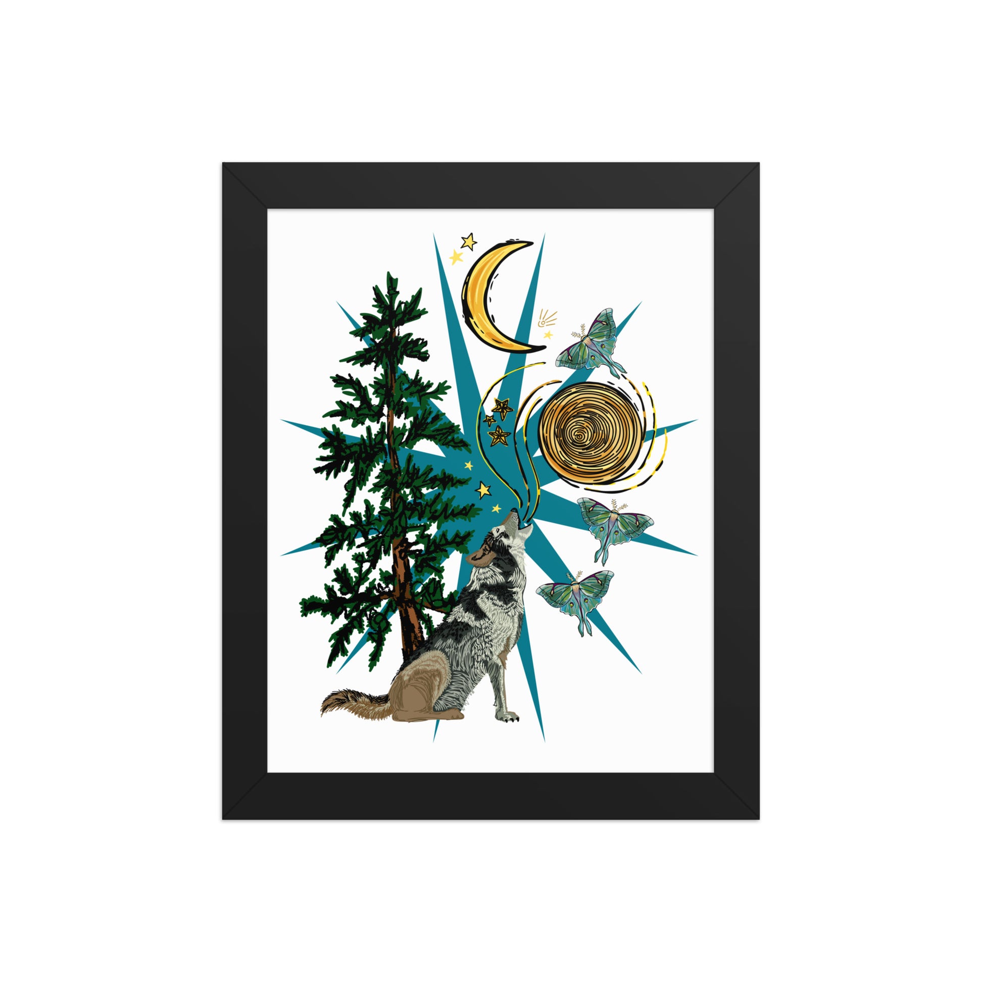 Wolf Moon Moth Framed Art Print | Appalachian Rococo Poster | Crescent Moon | Forest | Lucky Charms | Apartment Wall Decor Black Framed poster | 8x10