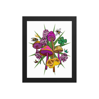 Mushrooms Bees Clover Framed Art Print | Appalachian Rococo Poster | Luck Charms | Queen Bees | Four Leaf Clover | Apartment Wall Decor | Black Wood Frame | 8x10
