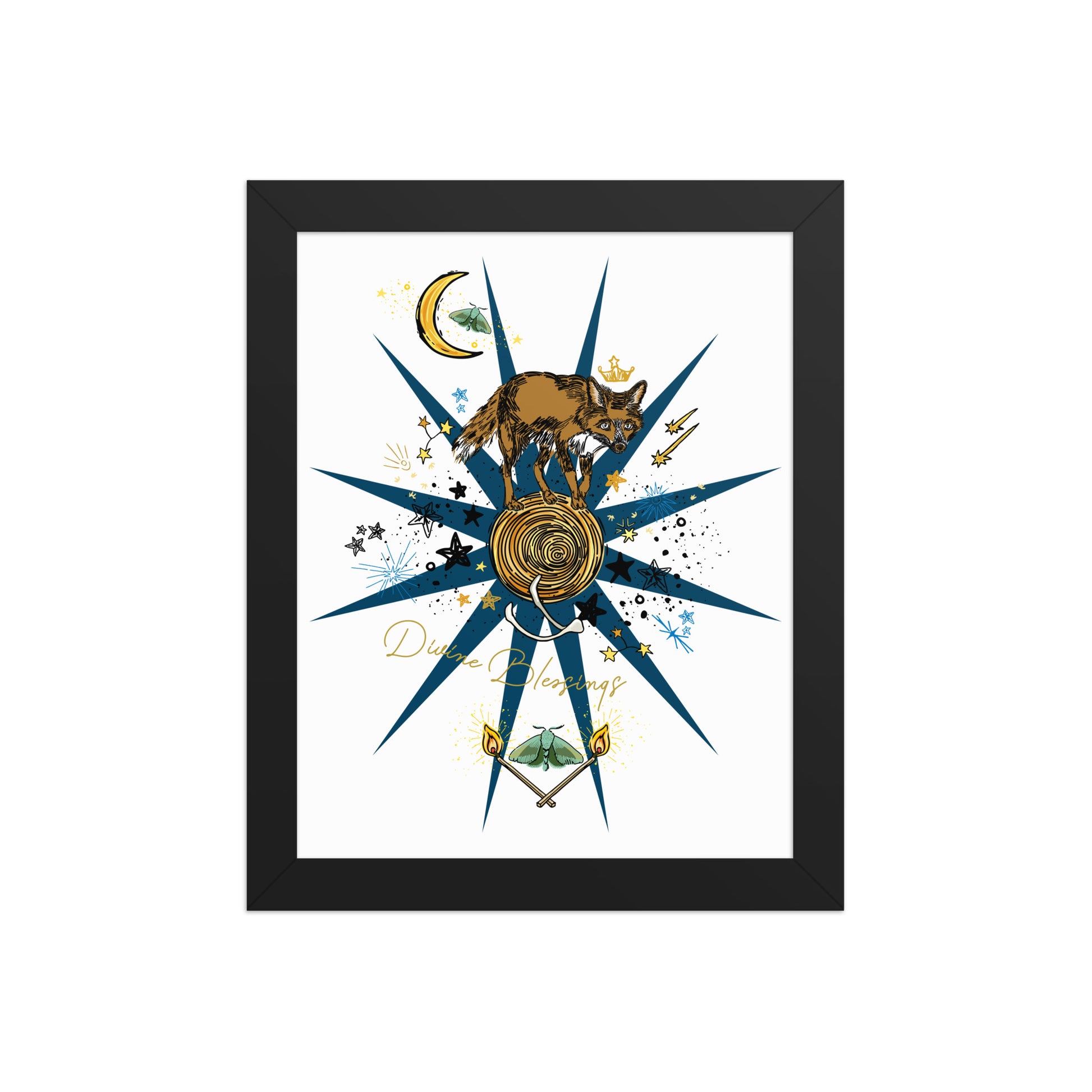 Celestial Fox Moon Framed Art Print | Appalachian Rococo Poster | Luck Charms | Divine Blessings | Stars | Moths | Apartment Wall Decor | Black Wood Frame | 8x10