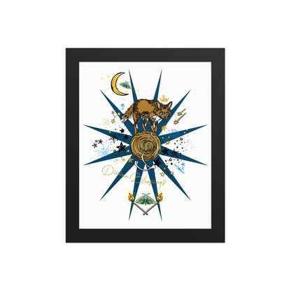 Celestial Fox Moon Framed Art Print | Appalachian Rococo Poster | Luck Charms | Divine Blessings | Stars | Moths | Apartment Wall Decor | Black Wood Frame | 8x10