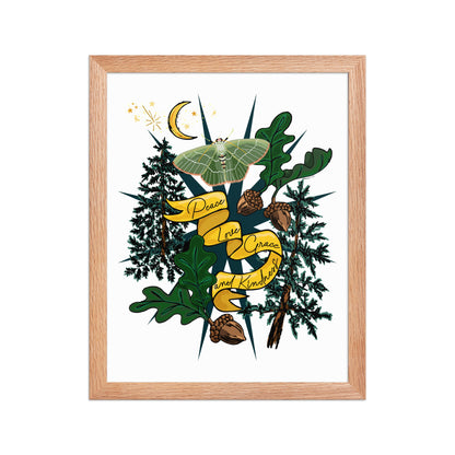Forest Moth and Moon Framed Art Print | Appalachian Rococo Poster | Luck Charms | Peace & Love | Crescent Moon | Apartment Wall Decor | Natural Wood Frame | 11x14