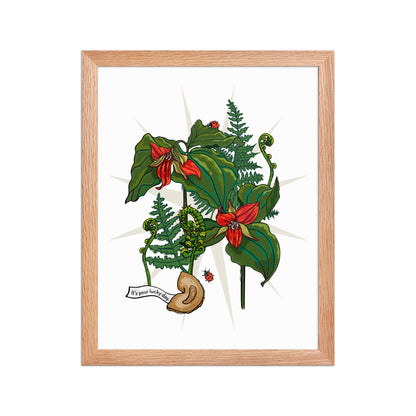 Flower Lucky Ladybug Framed Art Print | Appalachian Rococo Poster | Red Trillium | Fortune Cookie | Fern | Apartment Wall Decor | Natural Wood Frame | 11x14