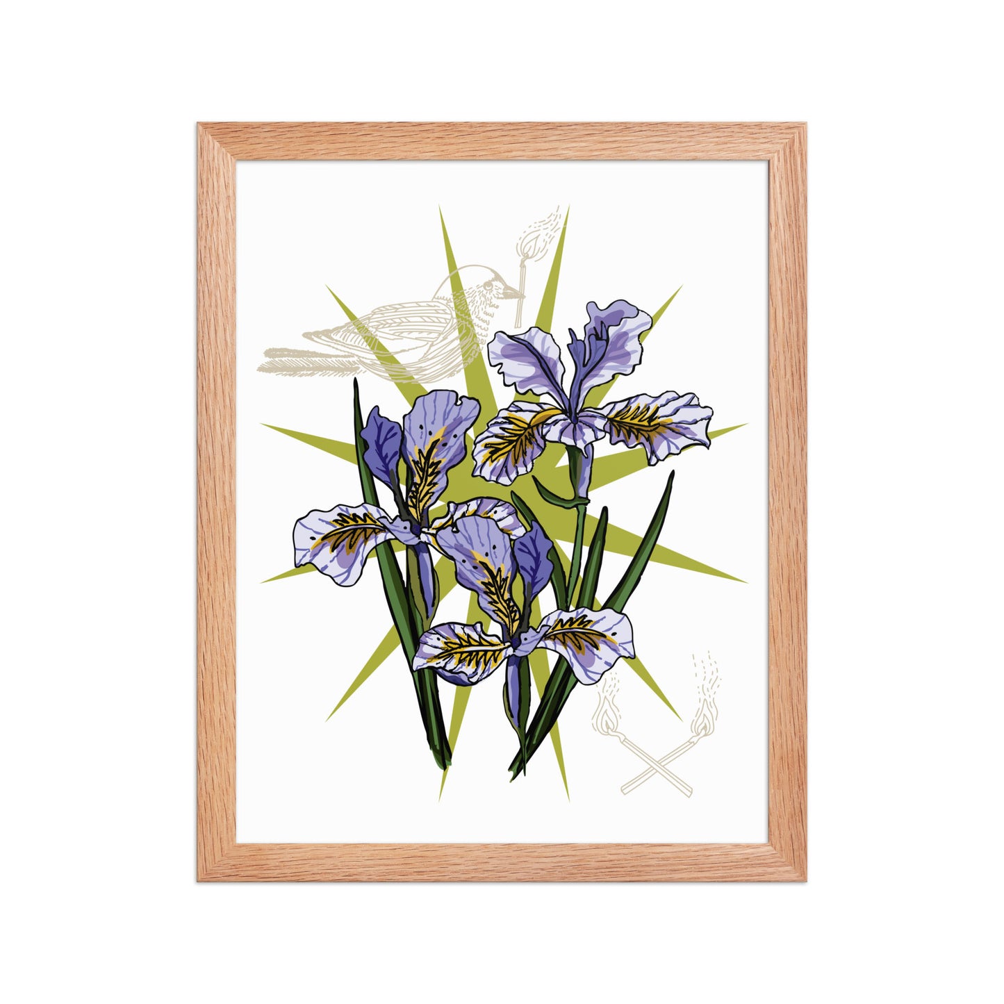 Iris Floral Bird Framed Art Print | Appalachian Rococo Poster | Flowers | Bird | Matches | Apartment Wall Decor | Natural Wood Frame | 11x14