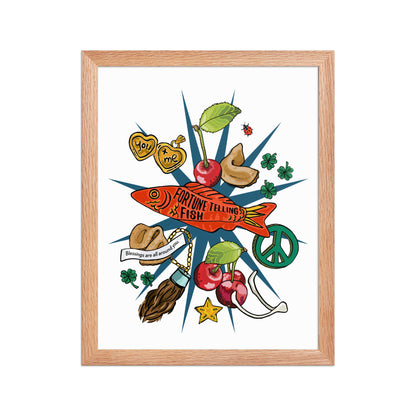 Lucky Charms Framed Art Print | Appalachian Rococo Poster | Cherries | Peace | Good Fortune | Apartment Wall Decor | Home Decor Gallery Wall | Natural Wood Frame | 11x14