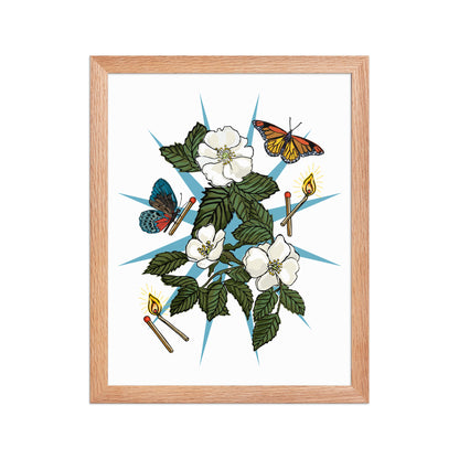 Floral Charm Framed Art Print | Appalachian Rococo Poster | White Roses | Butterflies | Matches | Apartment Wall Decor | Home Decor | Natural Wood Frame | 11x14