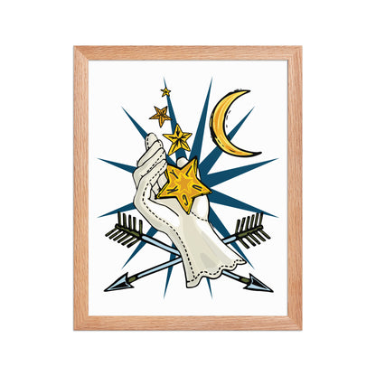 Lucky Stars Crescent Moon Framed Art Print | Appalachian Rococo Poster | Hand of Fate | Arrows | Celestial Art | Apartment Wall Decor | Natural Wood Frame | 11x14