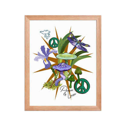 Mushroom Floral Peace Sign Framed Art Print | Appalachian Rococo Poster | Luck Charms | Peace & Love | Wild Iris | Apartment Wall Decor | Natural Wood Frame | 11x14