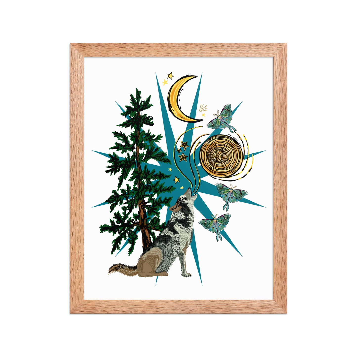 Wolf Moon Moth Framed Art Print | Appalachian Rococo Poster | Crescent Moon | Forest | Lucky Charms | Apartment Wall Decor Natural Framed poster | 11x14