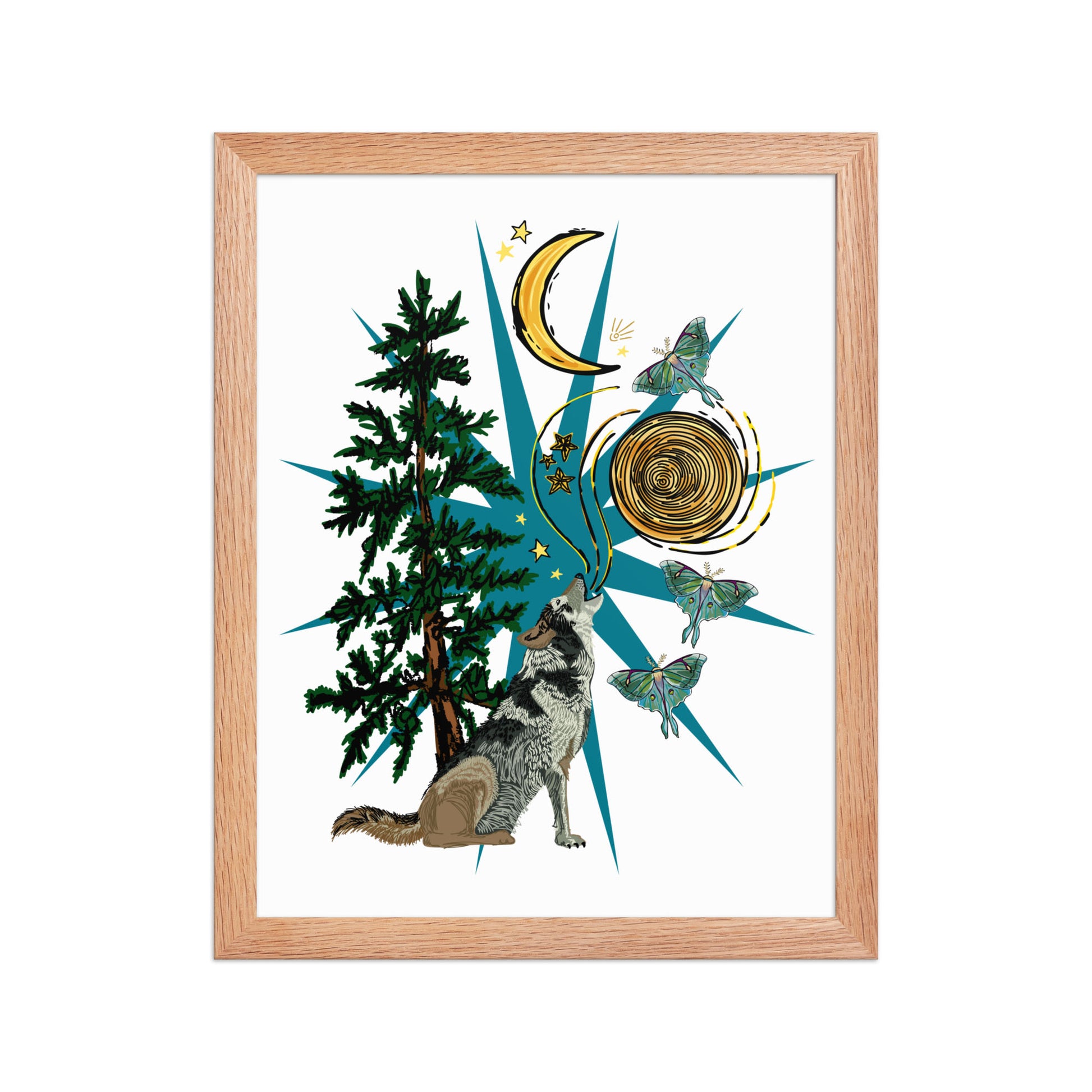 Wolf Moon Moth Framed Art Print | Appalachian Rococo Poster | Crescent Moon | Forest | Lucky Charms | Apartment Wall Decor Natural Framed poster | 11x14