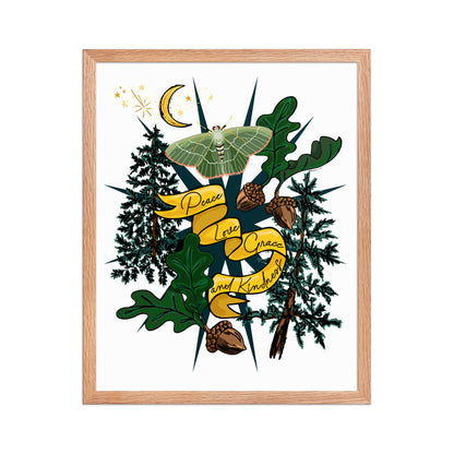 Forest Moth and Moon Framed Art Print | Appalachian Rococo Poster | Luck Charms | Peace & Love | Crescent Moon | Apartment Wall Decor | Natural Wood Frame | 16x20