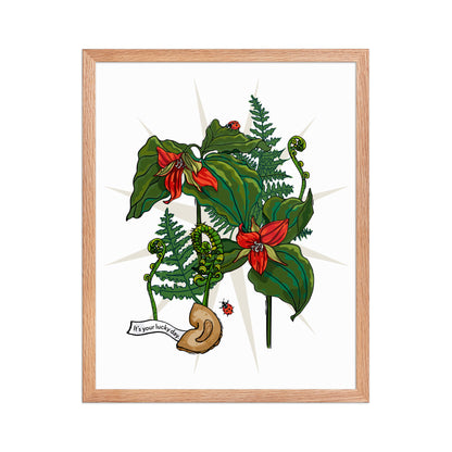 Flower Lucky Ladybug Framed Art Print | Appalachian Rococo Poster | Red Trillium | Fortune Cookie | Fern | Apartment Wall Decor | Natural Wood Frame | 16x20