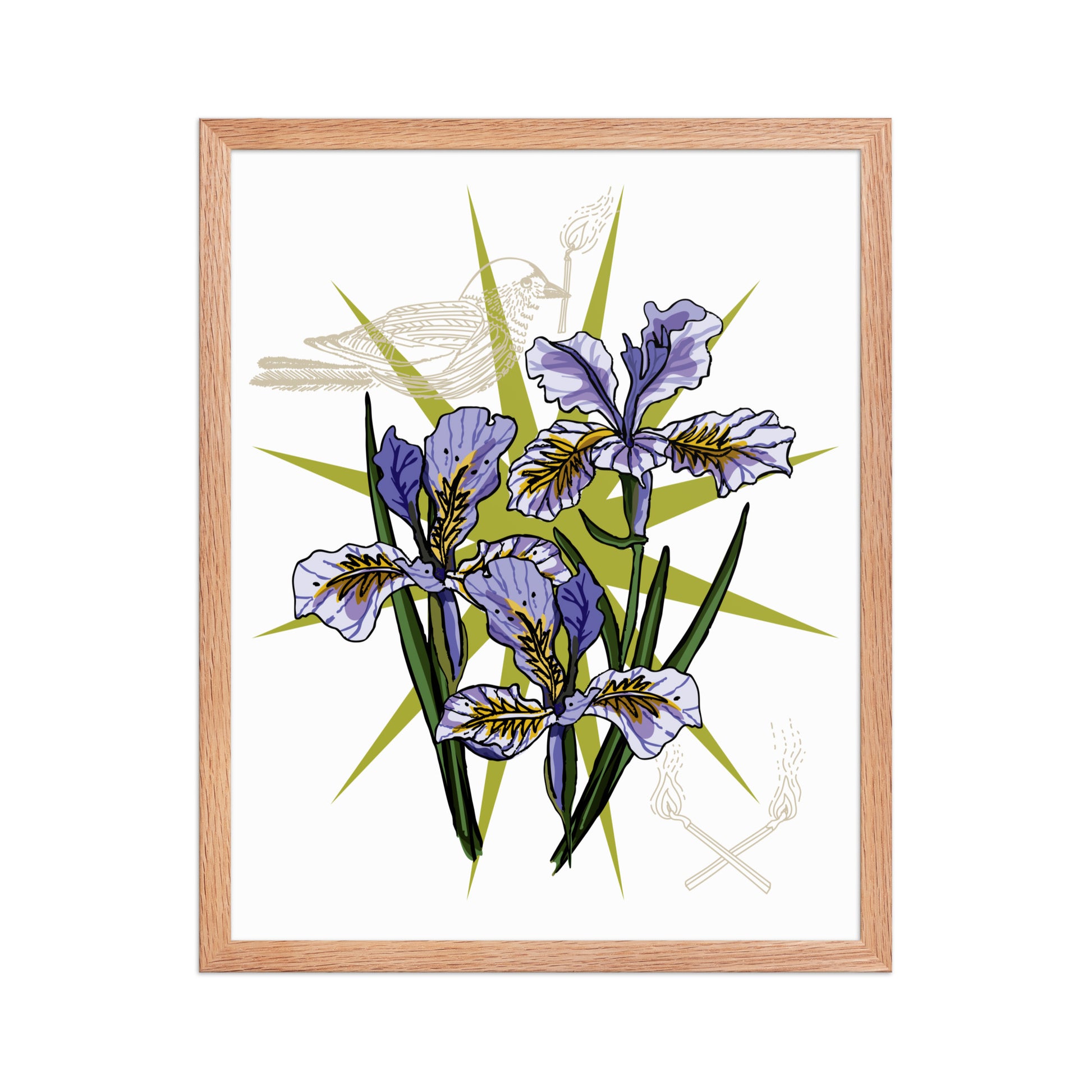 Iris Floral Bird Framed Art Print | Appalachian Rococo Poster | Flowers | Bird | Matches | Apartment Wall Decor | Natural Wood Frame | 16x20