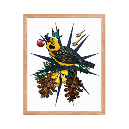 Gold Bird Framed Art Print | Appalachian Rococo Poster | Pine Tree | Golden Finch | Cherry | Apartment Wall Decor | Gallery Wall Home Decor | Natural Wood Frame | 16x20