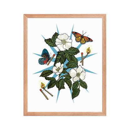 Floral Charm Framed Art Print | Appalachian Rococo Poster | White Roses | Butterflies | Matches | Apartment Wall Decor | Home Decor | Natural Wood Frame | 16x20