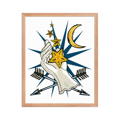 Lucky Stars Crescent Moon Framed Art Print | Appalachian Rococo Poster | Hand of Fate | Arrows | Celestial Art | Apartment Wall Decor | Natural Wood Frame | 16x20