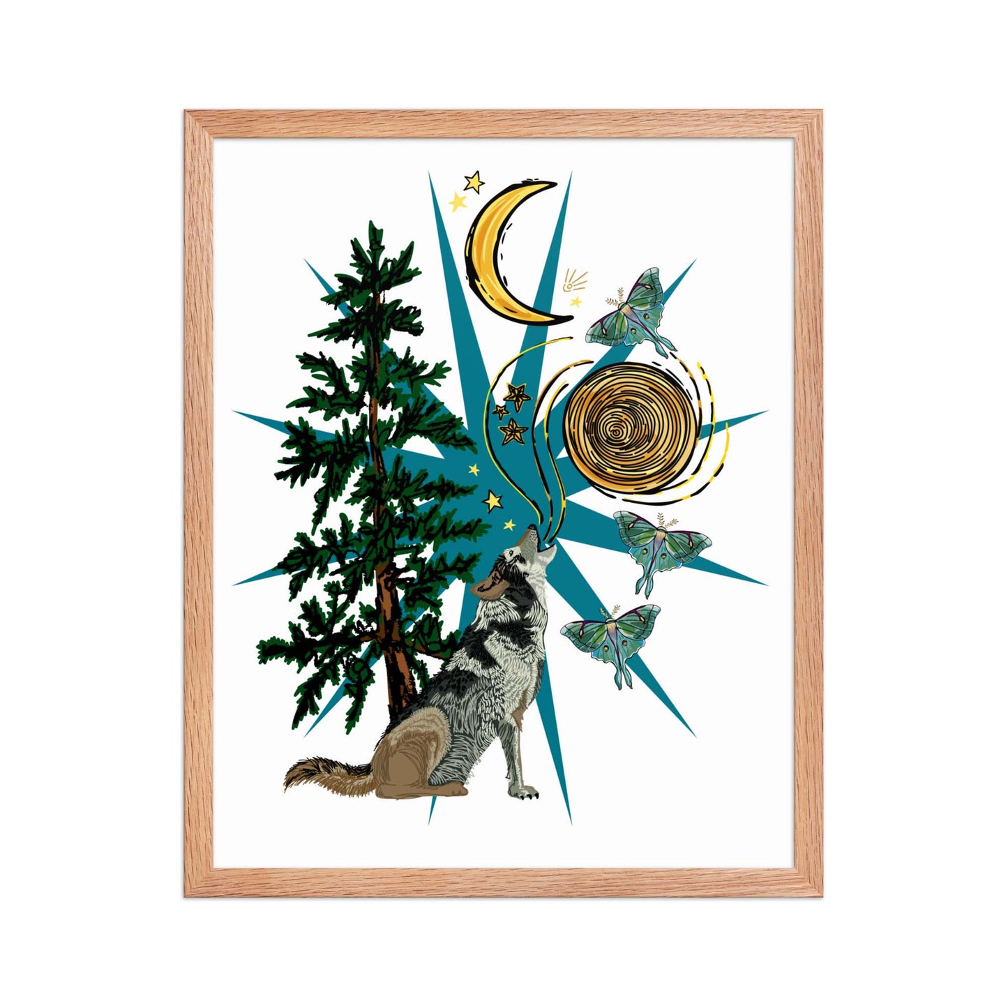 Wolf Moon Moth Framed Art Print | Appalachian Rococo Poster | Crescent Moon | Forest | Lucky Charms | Apartment Wall Decor Natural Framed poster | 16x20