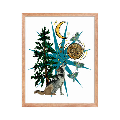 Wolf Moon Moth Framed Art Print | Appalachian Rococo Poster | Crescent Moon | Forest | Lucky Charms | Apartment Wall Decor Natural Framed poster | 16x20