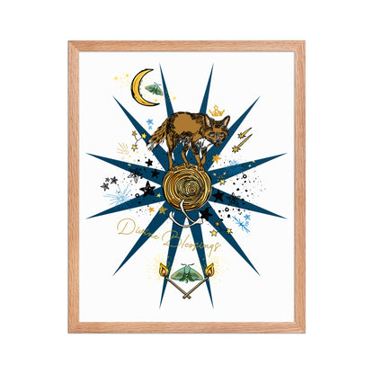 Celestial Fox Moon Framed Art Print | Appalachian Rococo Poster | Luck Charms | Divine Blessings | Stars | Moths | Apartment Wall Decor | Natural Wood Frame | 16x20