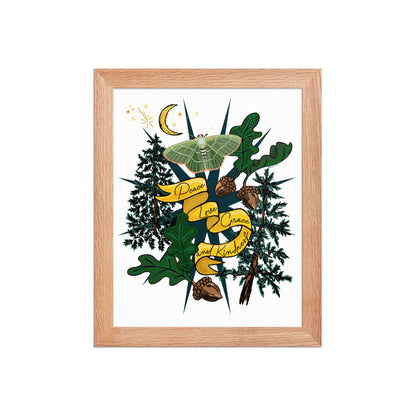 Forest Moth and Moon Framed Art Print | Appalachian Rococo Poster | Luck Charms | Peace & Love | Crescent Moon | Apartment Wall Decor | Natural Wood Frame | 8x10