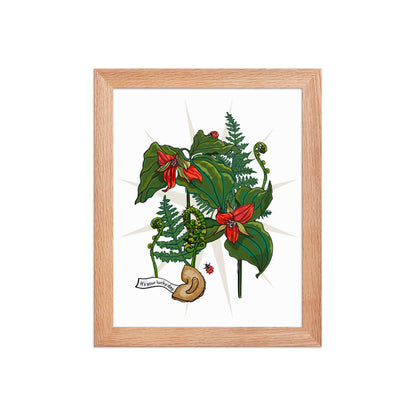Flower Lucky Ladybug Framed Art Print | Appalachian Rococo Poster | Red Trillium | Fortune Cookie | Fern | Apartment Wall Decor | Natural Wood Frame | 8x10