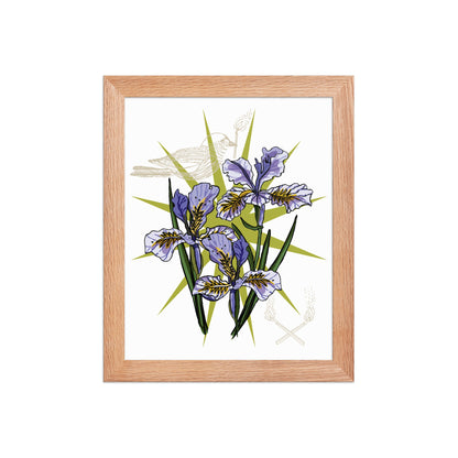 Iris Floral Bird Framed Art Print | Appalachian Rococo Poster | Flowers | Bird | Matches | Apartment Wall Decor | Natural Wood Frame | 8x10