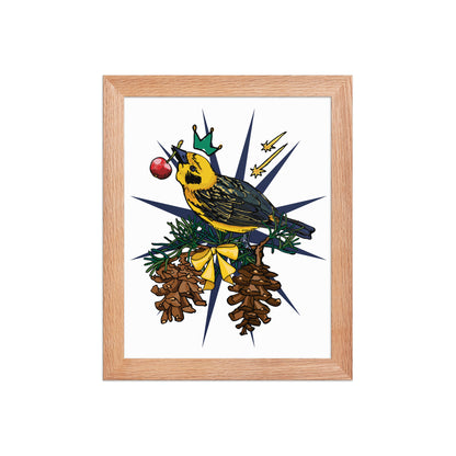 Gold Bird Framed Art Print | Appalachian Rococo Poster | Pine Tree | Golden Finch | Cherry | Apartment Wall Decor | Gallery Wall Home Decor | Natural Wood Frame | 8x10
