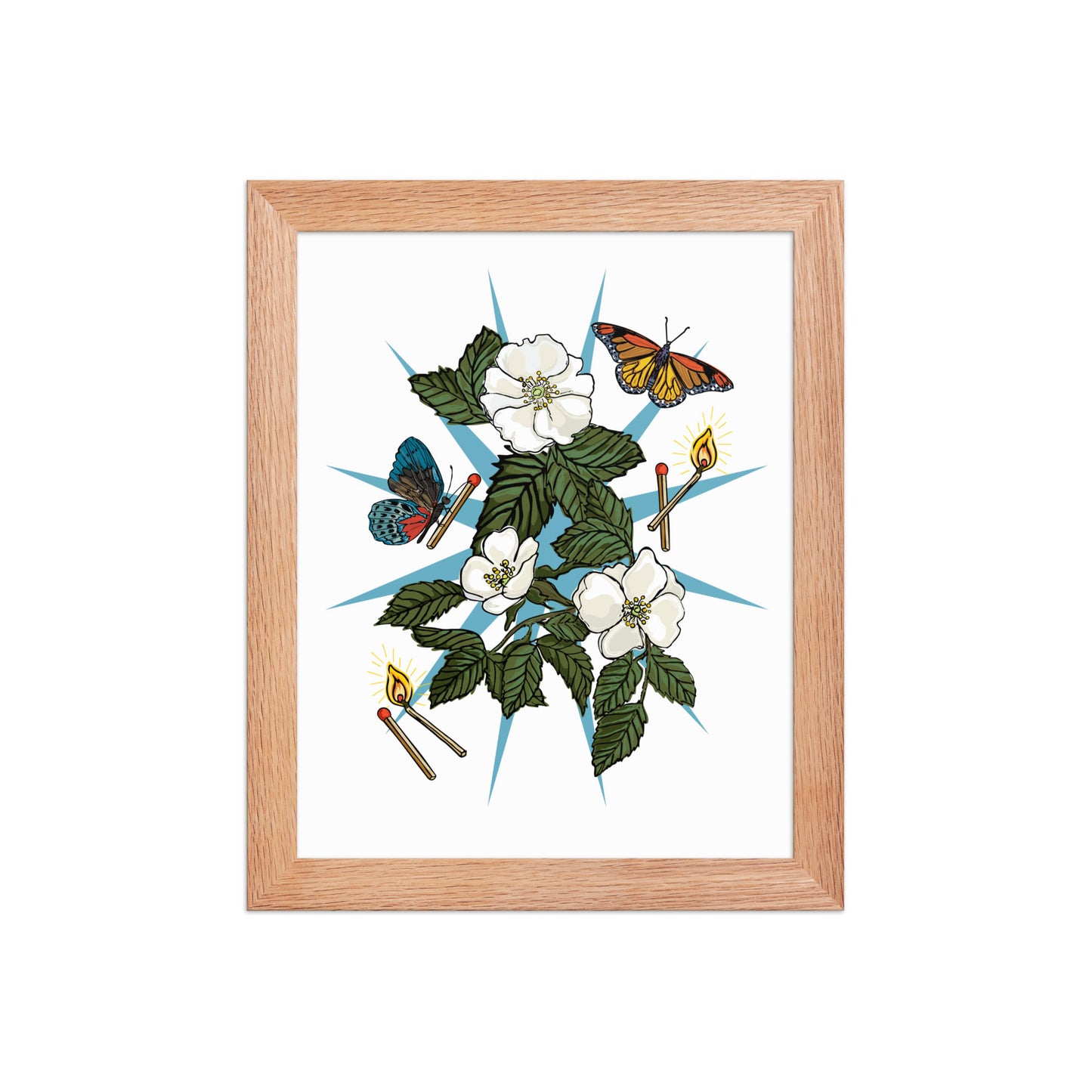 Floral Charm Framed Art Print | Appalachian Rococo Poster | White Roses | Butterflies | Matches | Apartment Wall Decor | Home Decor | Natural Wood Frame | 8x10