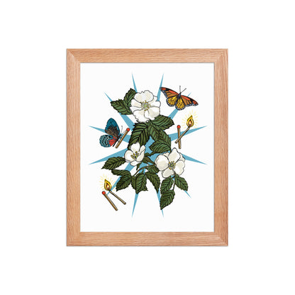 Floral Charm Framed Art Print | Appalachian Rococo Poster | White Roses | Butterflies | Matches | Apartment Wall Decor | Home Decor | Natural Wood Frame | 8x10