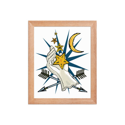 Lucky Stars Crescent Moon Framed Art Print | Appalachian Rococo Poster | Hand of Fate | Arrows | Celestial Art | Apartment Wall Decor | Natural Wood Frame | 8x10