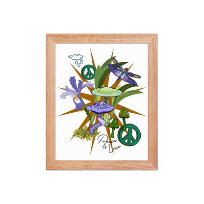 Mushroom Floral Peace Sign Framed Art Print | Appalachian Rococo Poster | Luck Charms | Peace & Love | Wild Iris | Apartment Wall Decor | Natural Wood Frame | 8x10