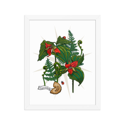 Flower Lucky Ladybug Framed Art Print | Appalachian Rococo Poster | Red Trillium | Fortune Cookie | Fern | Apartment Wall Decor | White Wood Frame | 11x14