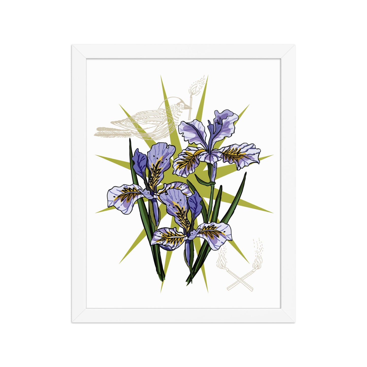 Iris Floral Bird Framed Art Print | Appalachian Rococo Poster | Flowers | Bird | Matches | Apartment Wall Decor | White Wood Frame | 16x20
