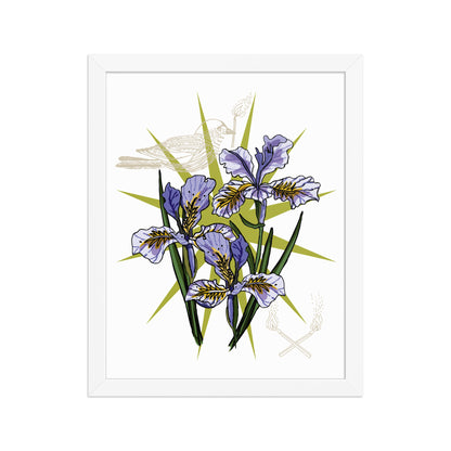 Iris Floral Bird Framed Art Print | Appalachian Rococo Poster | Flowers | Bird | Matches | Apartment Wall Decor | White Wood Frame | 16x20