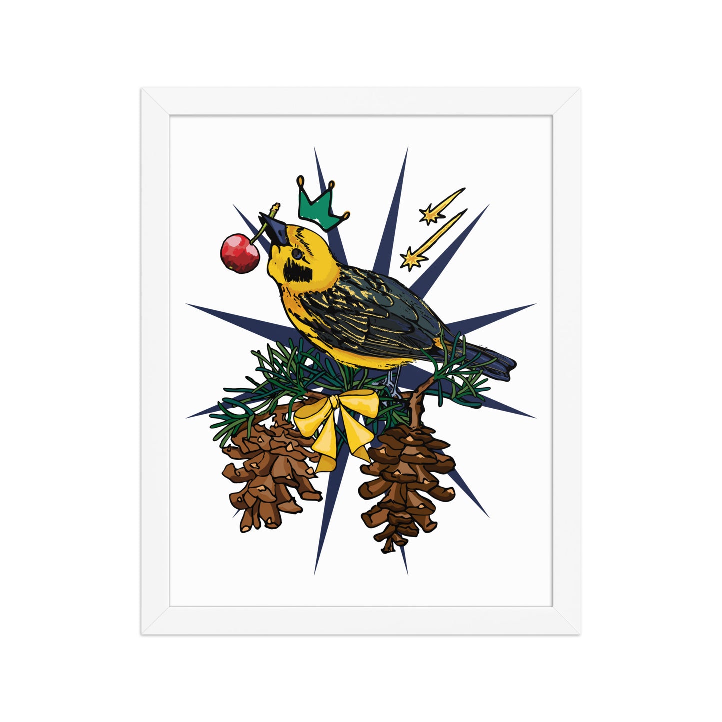Gold Bird Framed Art Print | Appalachian Rococo Poster | Pine Tree | Golden Finch | Cherry | Apartment Wall Decor | Gallery Wall Home Decor | Natural Wood Frame | 11x14