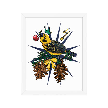 Gold Bird Framed Art Print | Appalachian Rococo Poster | Pine Tree | Golden Finch | Cherry | Apartment Wall Decor | Gallery Wall Home Decor | Natural Wood Frame | 11x14