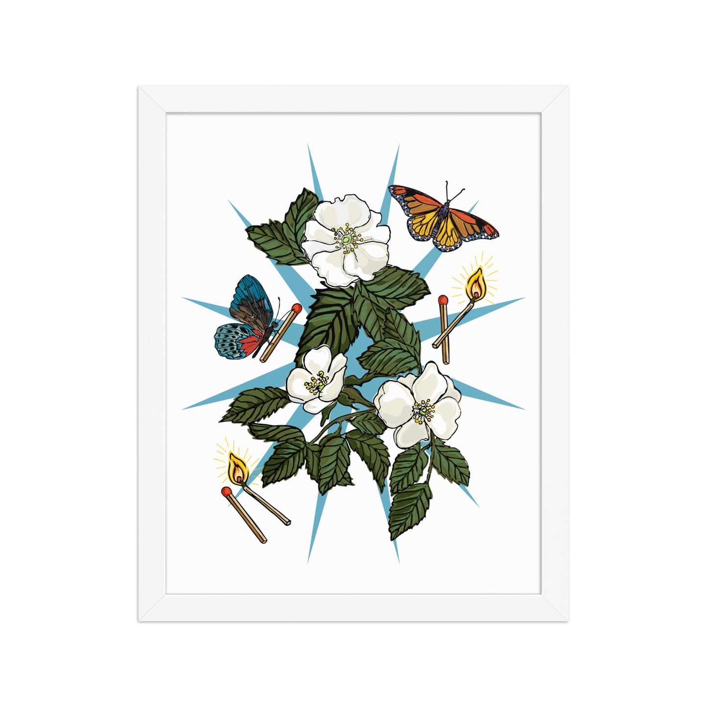 Floral Charm Framed Art Print | Appalachian Rococo Poster | White Roses | Butterflies | Matches | Apartment Wall Decor | Home Decor | White Wood Frame | 11x14
