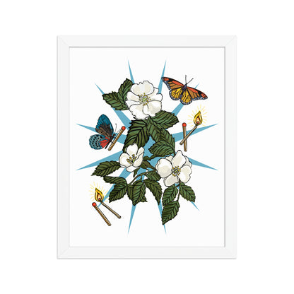 Floral Charm Framed Art Print | Appalachian Rococo Poster | White Roses | Butterflies | Matches | Apartment Wall Decor | Home Decor | White Wood Frame | 11x14